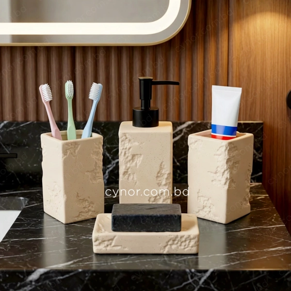 KC285-Rustic Stone Textured Ceramic 4-Piece Bathroom Accessory Set Plastic Pump (13)