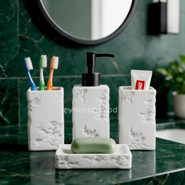 KC285-Rustic Stone Textured Ceramic 4-Piece Bathroom Accessory Set Plastic Pump (3)
