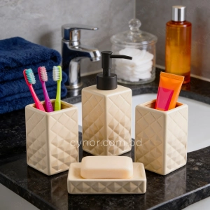 KC286-Diamond Quilted Geometric Ceramic 4-Piece Bathroom Accessory Set Plastic Pump (1)