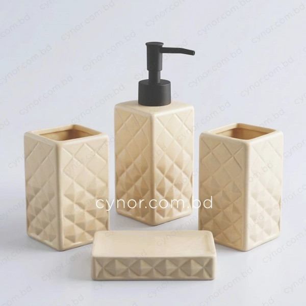 KC286-Diamond Quilted Geometric Ceramic 4-Piece Bathroom Accessory Set Plastic Pump (2)