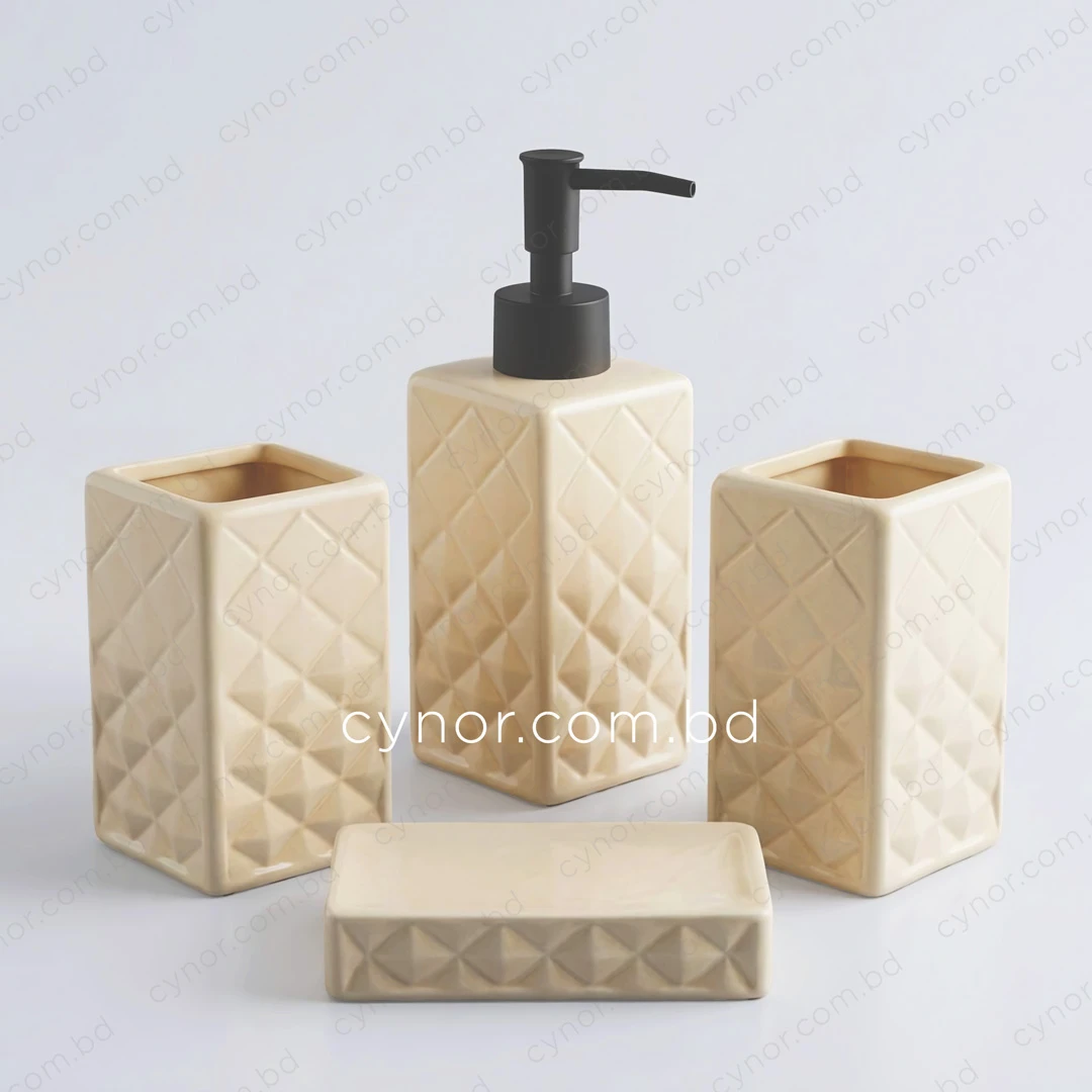KC286-Diamond Quilted Geometric Ceramic 4-Piece Bathroom Accessory Set Plastic Pump (2) KC286-Diamond Quilted Geometric Ceramic 4-Piece Bathroom Accessory Set Plastic Pump (2)