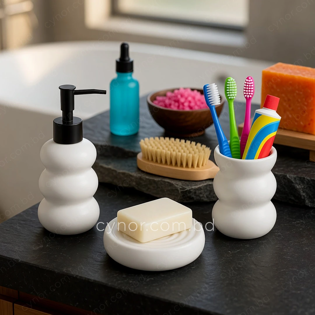 KC287-Stacked Bubble Ripple Design Ceramic 3-Piece Bathroom Accessory Set with Plastic Pump (1) KC287-Stacked Bubble Ripple Design Ceramic 3-Piece Bathroom Accessory Set with Plastic Pump (1)