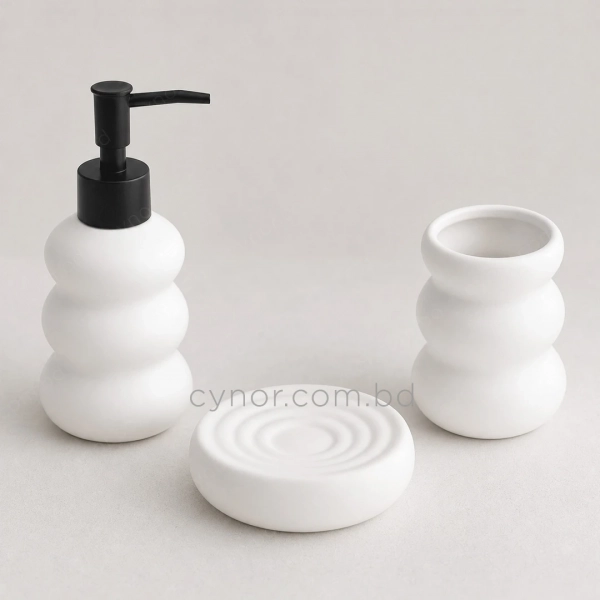 KC287-Stacked Bubble Ripple Design Ceramic 3-Piece Bathroom Accessory Set with Plastic Pump (4)