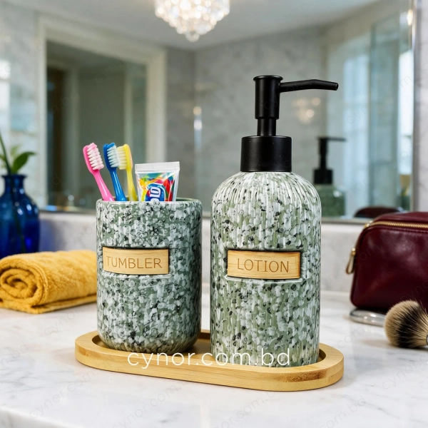 KC288-Terrazzo Speckled Ribbed Ceramic 3-Piece Bathroom Set with Bamboo Tray (3)