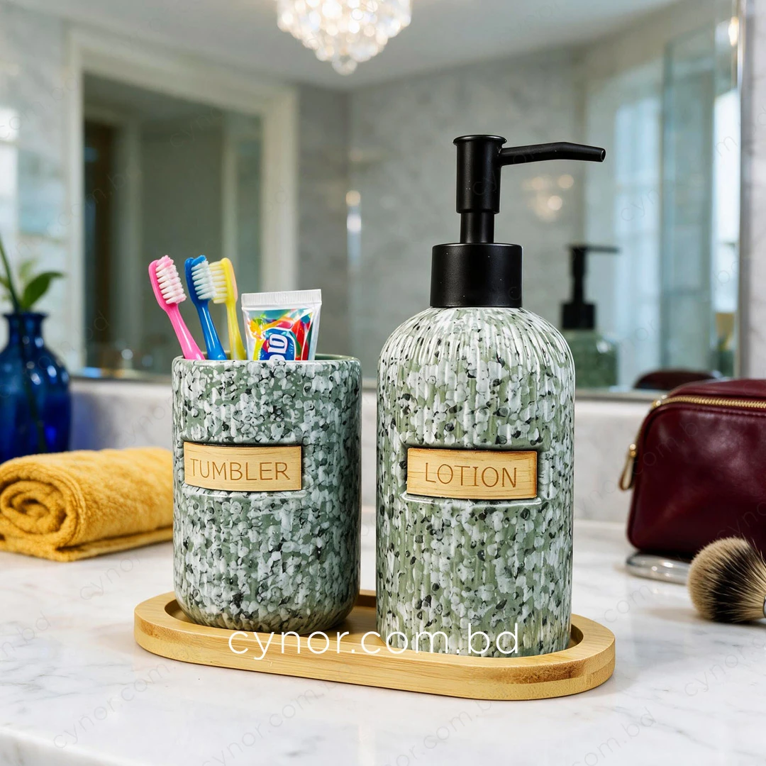 KC288-Terrazzo Speckled Ribbed Ceramic 3-Piece Bathroom Set with Bamboo Tray (3) KC288-Terrazzo Speckled Ribbed Ceramic 3-Piece Bathroom Set with Bamboo Tray (3)