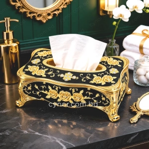 KC289-Black-Ornate Black Metal Tissue Box with Golden Rose Design and Accents (2)