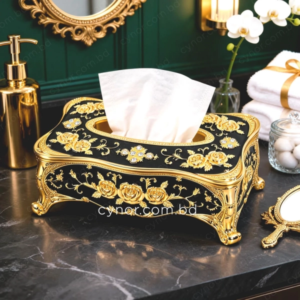 KC289-Black-Ornate Black Metal Tissue Box with Golden Rose Design and Accents (2)