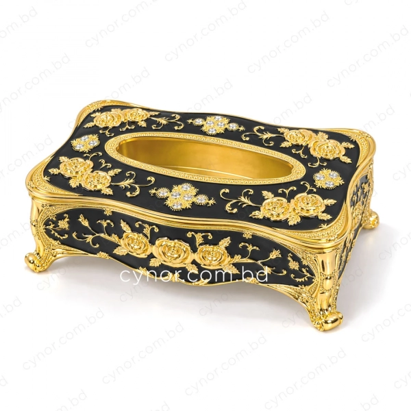 KC289-Black-Ornate Black Metal Tissue Box with Golden Rose Design and Accents (3)