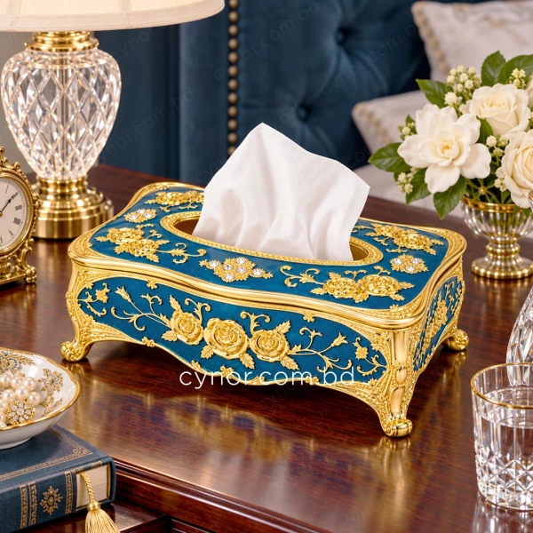 KC289-Blue-Ornate Royal Blue Metal Tissue Box with Golden Rose Design and Accents (1)