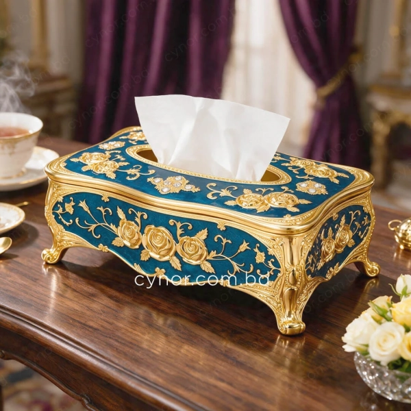 KC289-Blue-Ornate Royal Blue Metal Tissue Box with Golden Rose Design and Accents (2)