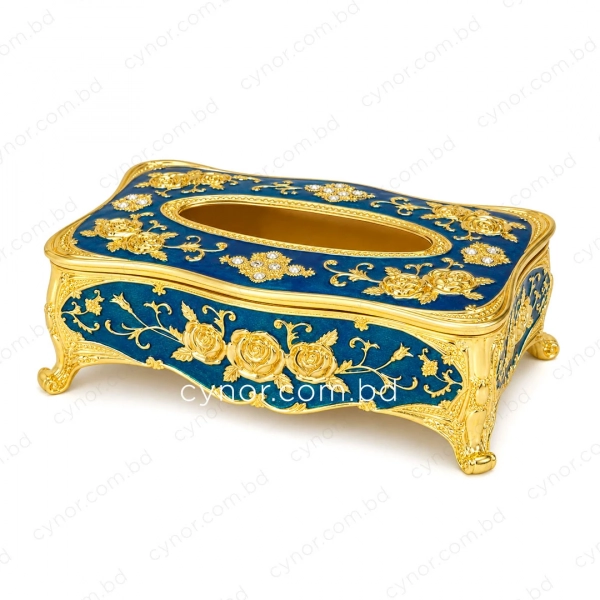 KC289-Blue-Ornate Royal Blue Metal Tissue Box with Golden Rose Design and Accents (3)