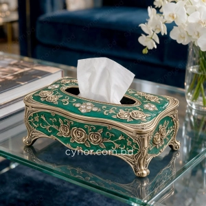 KC289-Green-Ornate Emerald Green Metal Tissue Box with Antique Golden Rose Design (2)