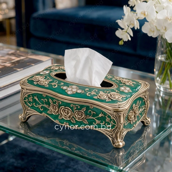 KC289-Green-Ornate Emerald Green Metal Tissue Box with Antique Golden Rose Design (2)