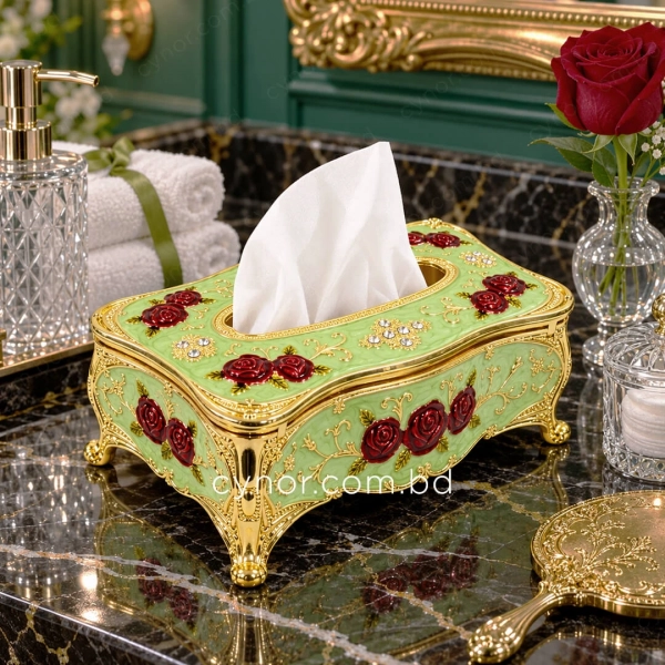 KC289-Mint-Ornate Mint Green Metal Tissue Box with Red Rose Design and Golden Accents (2)