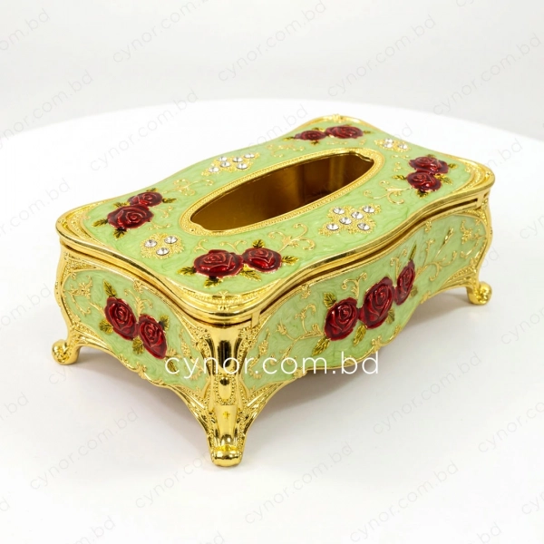 KC289-Mint-Ornate Mint Green Metal Tissue Box with Red Rose Design and Golden Accents (3)