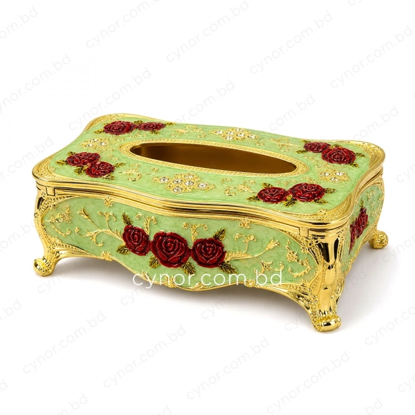 KC289-Mint-Ornate Mint Green Metal Tissue Box with Red Rose Design and Golden Accents (4)