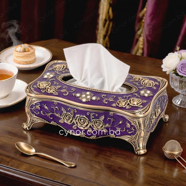 KC289-Purple-Ornate Purple Metal Tissue Box with Antique Golden Rose Design (2)