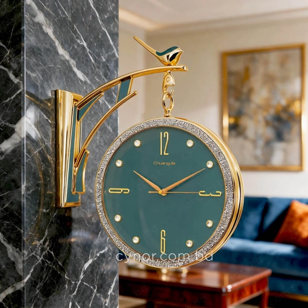 WC738-Teal-Double Sided Station Wall Clock Golden Body and Glitter Finish Teal Dial (2)