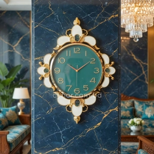 WC742-Teal-Ornamental Wall Clock Deep Teal Dial Fiber Body Golden White Decorative Finish (2)