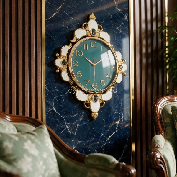 WC742-Teal-Ornamental Wall Clock Deep Teal Dial Fiber Body Golden White Decorative Finish (3)