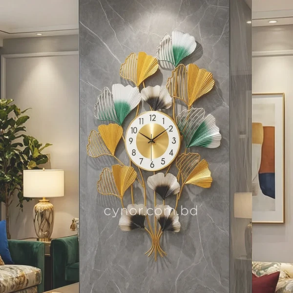 WC774-Golden-Green-and-Silver-Ginkgo-Leaf-Botanical-Design-Decorative-Metal-Wall-Clock-11