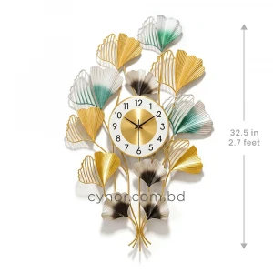 WC774-Golden-Green-and-Silver-Ginkgo-Leaf-Botanical-Design-Decorative-Metal-Wall-Clock-4