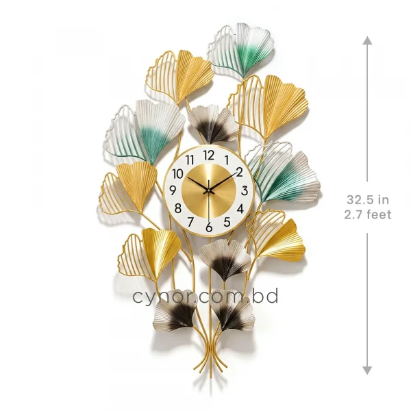 WC774-Golden-Green-and-Silver-Ginkgo-Leaf-Botanical-Design-Decorative-Metal-Wall-Clock-4