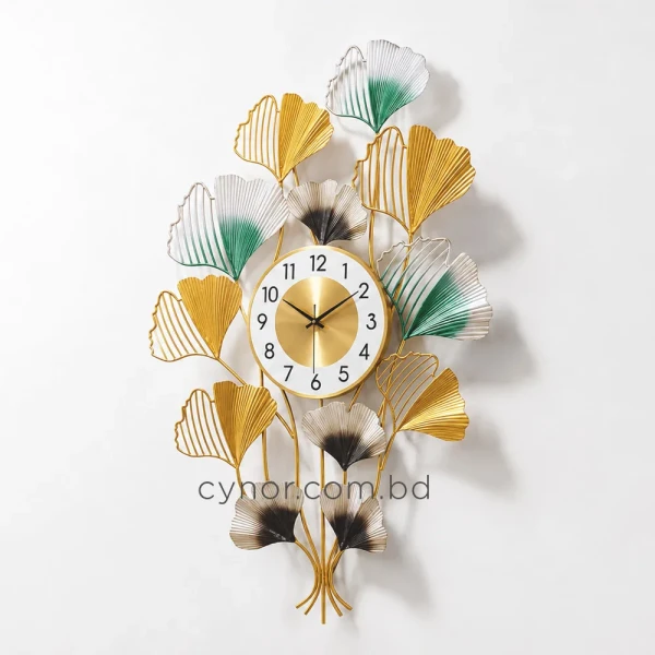 WC774-Golden-Green-and-Silver-Ginkgo-Leaf-Botanical-Design-Decorative-Metal-Wall-Clock-5