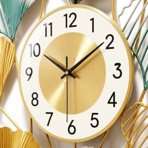 WC774-Golden-Green-and-Silver-Ginkgo-Leaf-Botanical-Design-Decorative-Metal-Wall-Clock-6