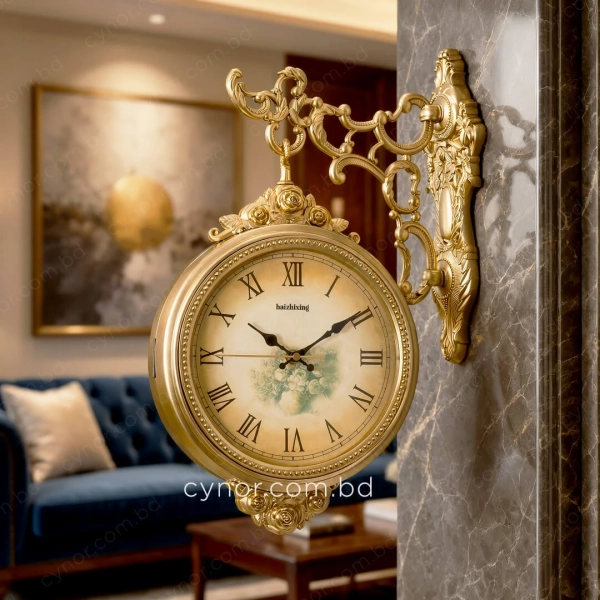 WC775-Golden-Double Sided Station Wall Clock Golden Fiber Decorative Body and Floral Vintage Cream Dial (2)