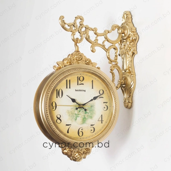 WC775-Golden-Double Sided Station Wall Clock Golden Fiber Decorative Body and Floral Vintage Cream Dial (4)