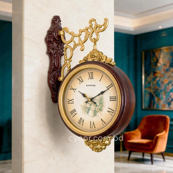 WC775-Wood-Color-Double Sided Station Wall Clock Dark Mahogany Colored Fiber Body and Floral Vintage Cream Dial (2)