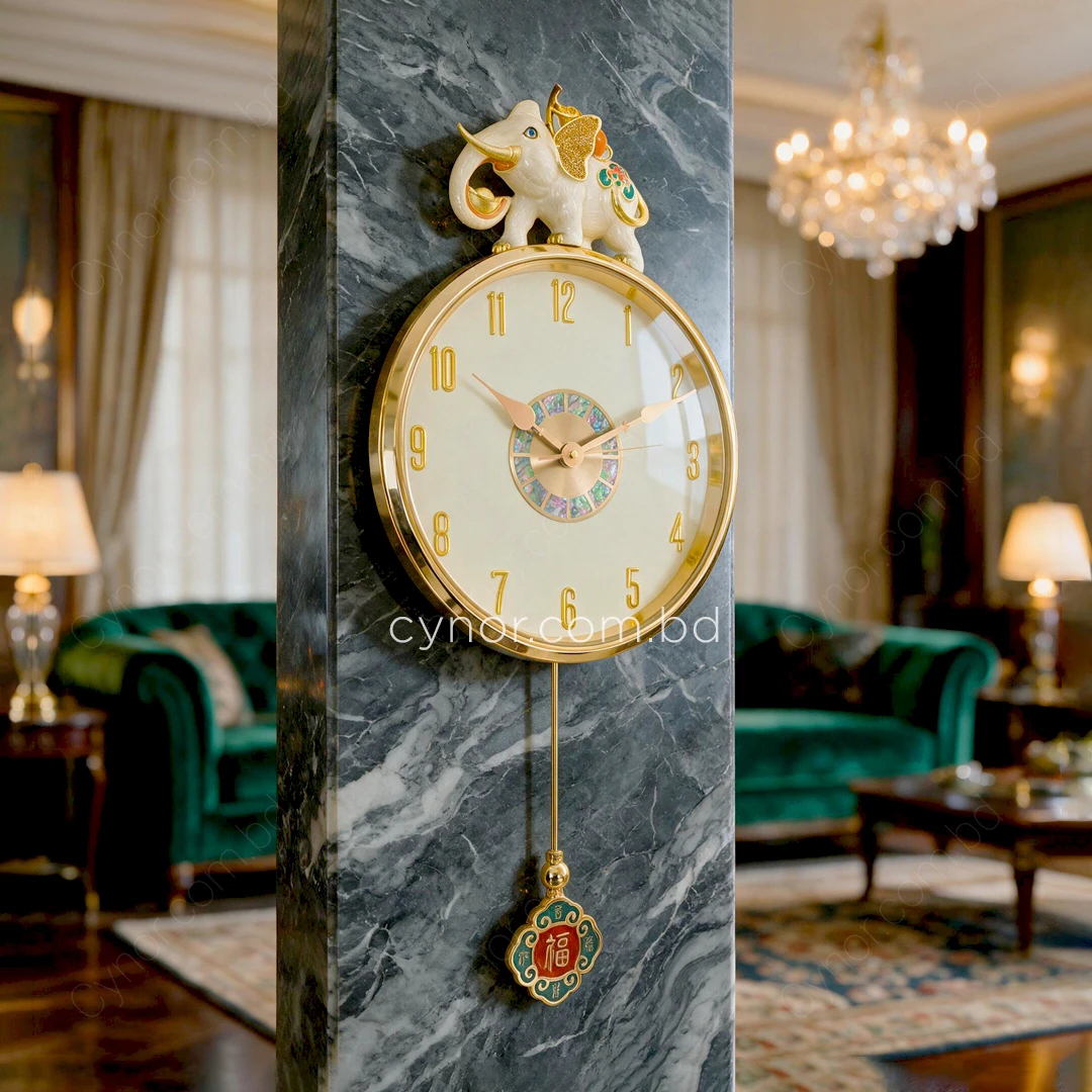 WC776-Luxury Golden Pendulum Wall Clock with Sculptural Elephant Motif and Iridescent Design Dial (1) WC776-Luxury Golden Pendulum Wall Clock with Sculptural Elephant Motif and Iridescent Design Dial (1)