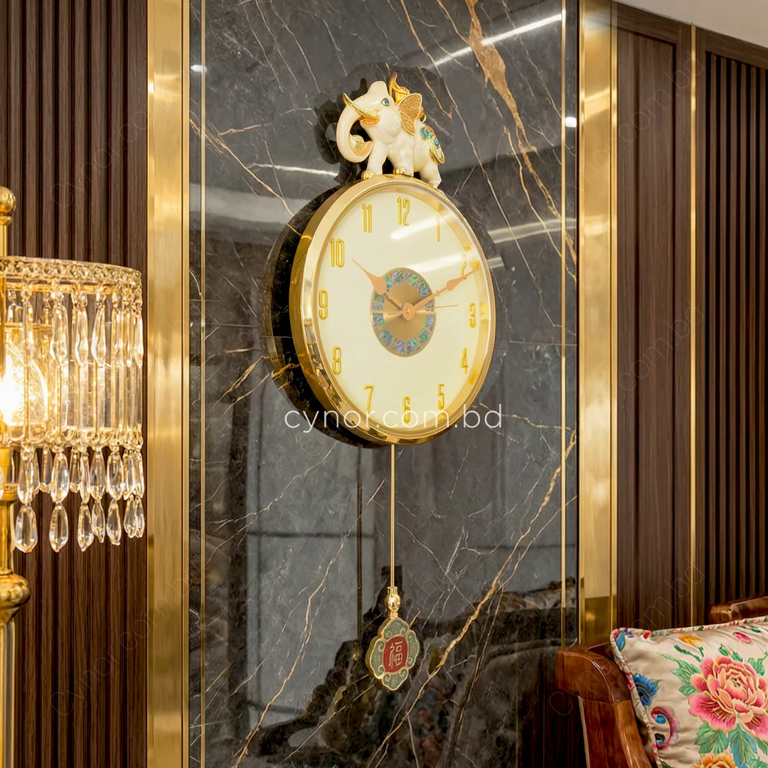 WC776-Luxury Golden Pendulum Wall Clock with Sculptural Elephant Motif and Iridescent Design Dial (2) WC776-Luxury Golden Pendulum Wall Clock with Sculptural Elephant Motif and Iridescent Design Dial (2)