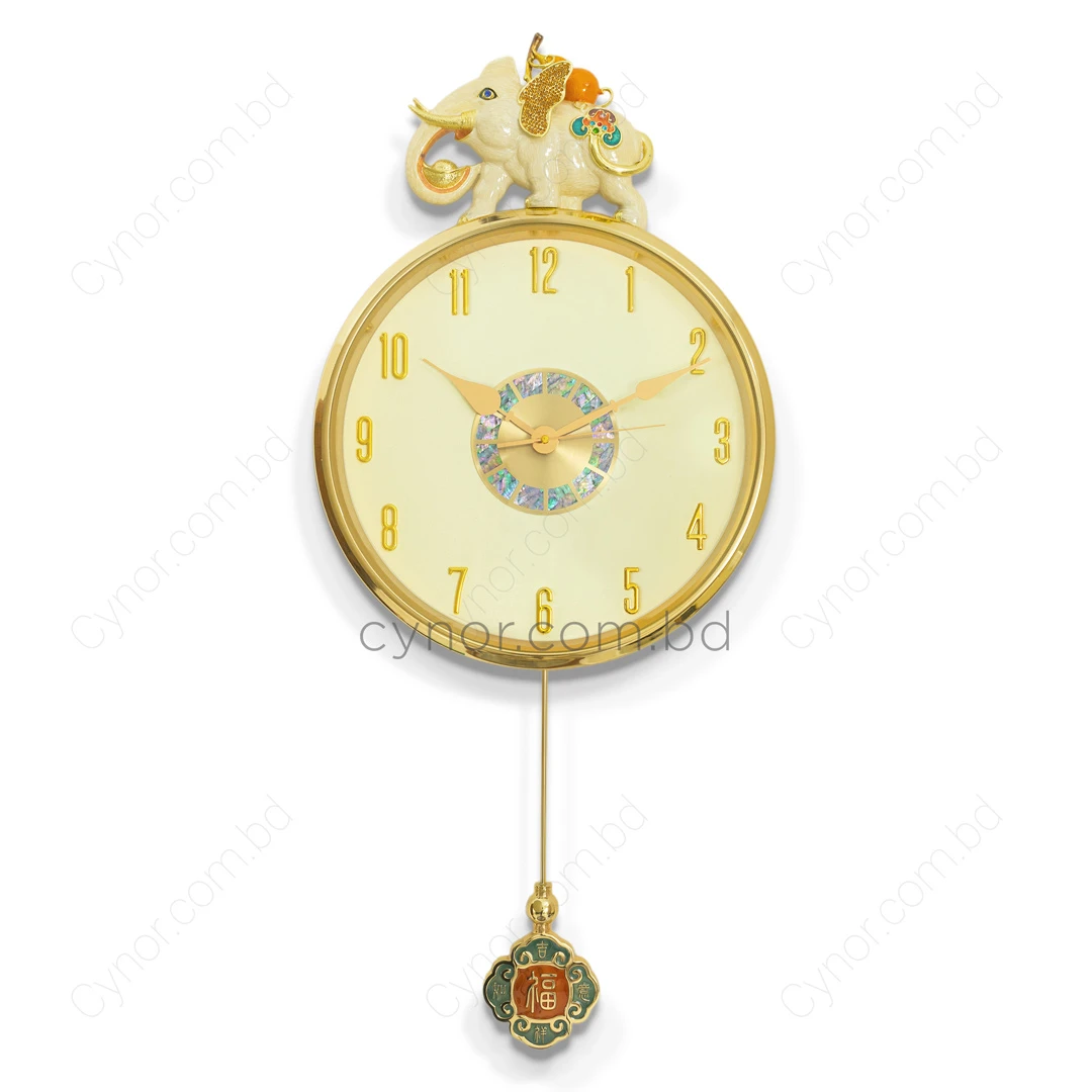 WC776-Luxury Golden Pendulum Wall Clock with Sculptural Elephant Motif and Iridescent Design Dial (3) WC776-Luxury Golden Pendulum Wall Clock with Sculptural Elephant Motif and Iridescent Design Dial (3)