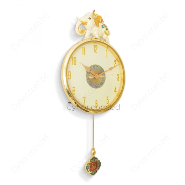 WC776-Luxury Golden Pendulum Wall Clock with Sculptural Elephant Motif and Iridescent Design Dial (4)
