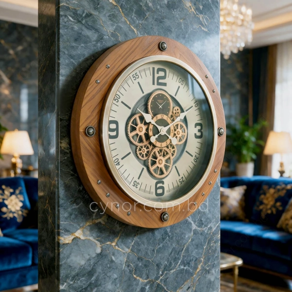 WC777-Luxury Industrial Wooden Wall Clock with Moving Mechanical Gears and Metal Rivet Accents (10)