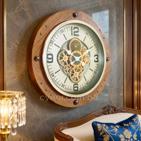 WC777-Luxury Industrial Wooden Wall Clock with Moving Mechanical Gears and Metal Rivet Accents (2)