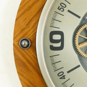 WC777-Luxury Industrial Wooden Wall Clock with Moving Mechanical Gears and Metal Rivet Accents (5)