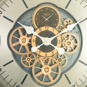 WC777-Luxury Industrial Wooden Wall Clock with Moving Mechanical Gears and Metal Rivet Accents (7)