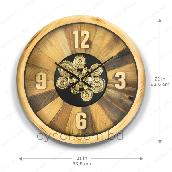 WC778-Luxury Sunburst Wood Wall Clock with Rotating Mechanical Gears and Glass Cover (1)