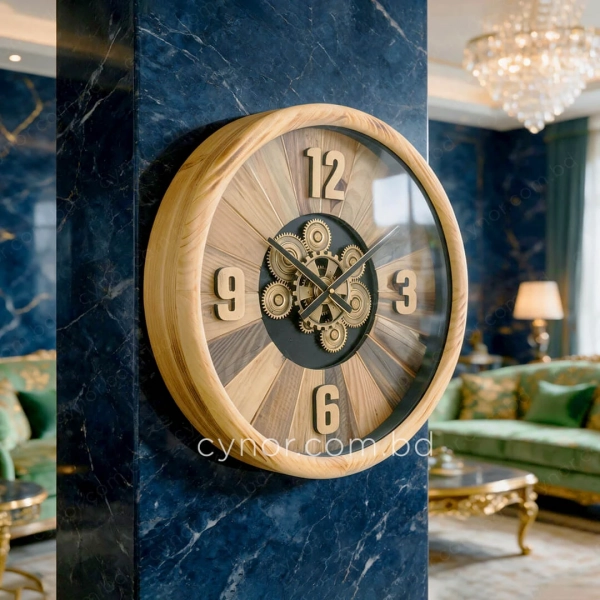 WC778-Luxury Sunburst Wood Wall Clock with Rotating Mechanical Gears and Glass Cover (2)