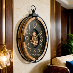 WC779-Grand European Horology-Inspired Wooden Wall Clock with Metal Frame and Rotating Mechanical Gears (1)