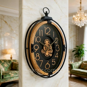 WC779-Grand European Horology-Inspired Wooden Wall Clock with Metal Frame and Rotating Mechanical Gears (9)