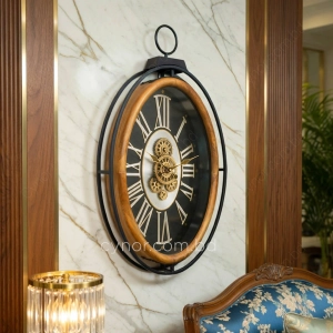 WC780-Grand European Horology Inspired Wooden Wall Clock with Metal Frame, Roman Numerals, and Rotating Gears (2)