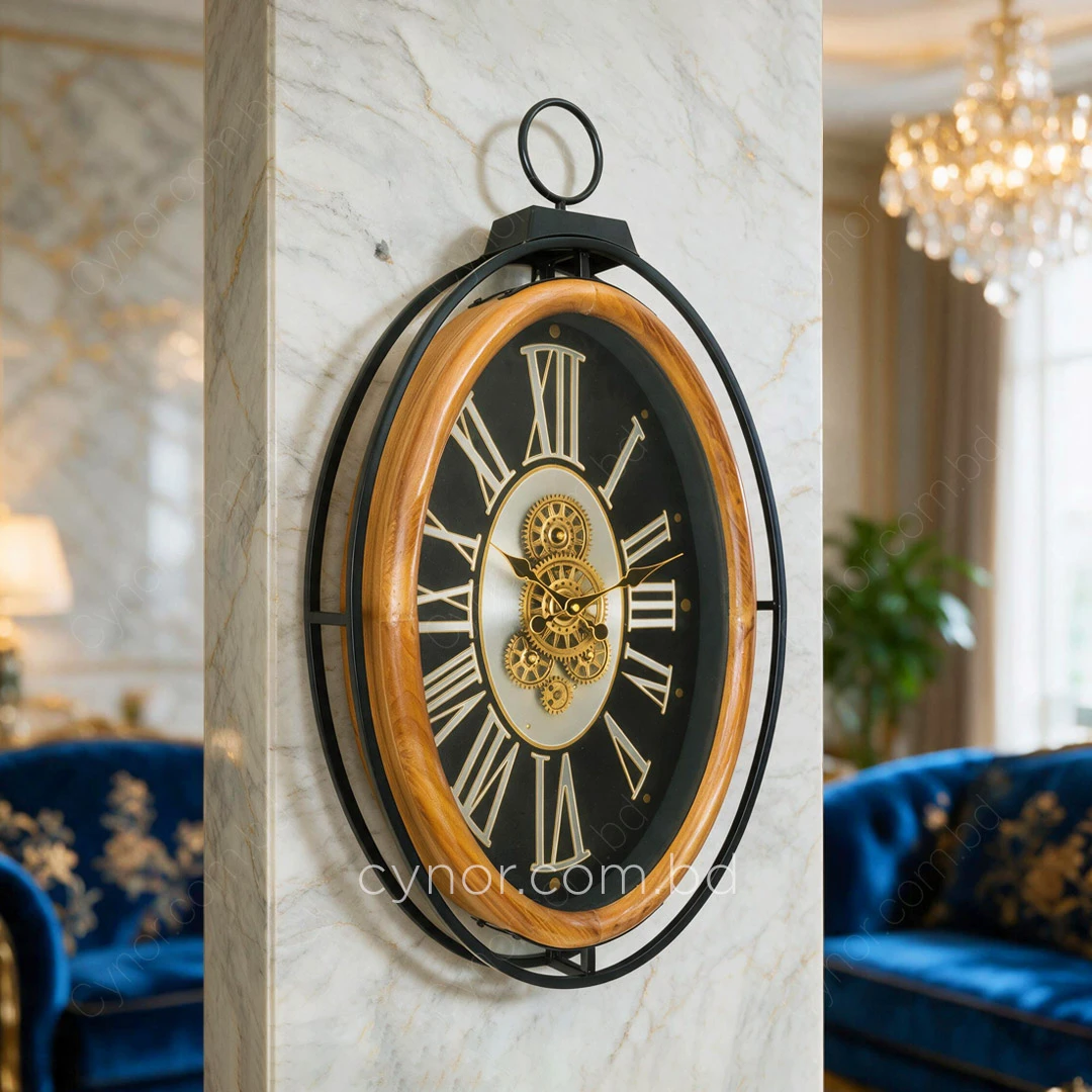 WC780-Grand European Horology Inspired Wooden Wall Clock with Metal Frame, Roman Numerals, and Rotating Gears (3) WC780-Grand European Horology Inspired Wooden Wall Clock with Metal Frame, Roman Numerals, and Rotating Gears (3)