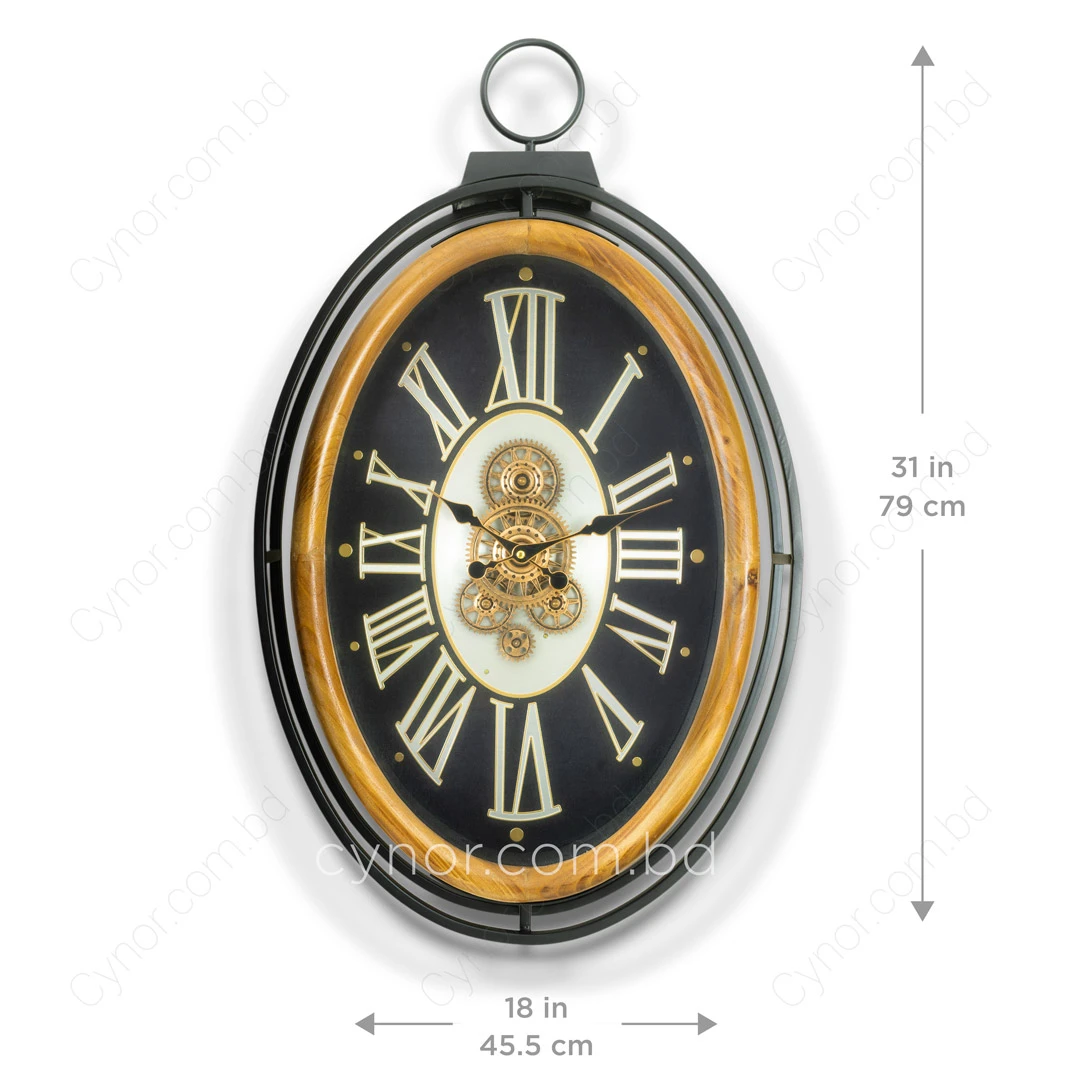 WC780-Grand European Horology Inspired Wooden Wall Clock with Metal Frame, Roman Numerals, and Rotating Gears (4) WC780-Grand European Horology Inspired Wooden Wall Clock with Metal Frame, Roman Numerals, and Rotating Gears (4)