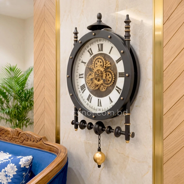 WC781-1-Grand European Vintage Rotating Gear Wall Clock with Ornate Black Metal Frame and Roman Numerals (13)