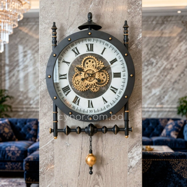 WC781-1-Grand European Vintage Rotating Gear Wall Clock with Ornate Black Metal Frame and Roman Numerals (2)