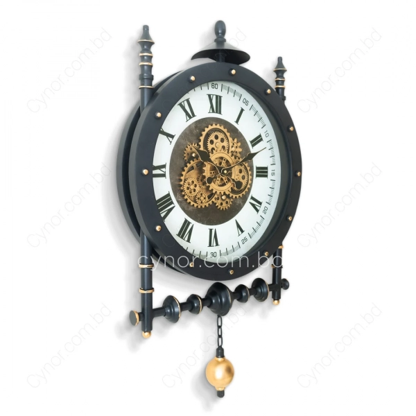 WC781-1-Grand European Vintage Rotating Gear Wall Clock with Ornate Black Metal Frame and Roman Numerals (4)
